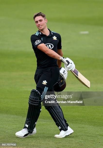 Will Jacks of Surrey celebrates his century during the Royal London One-Day Cup match between Surrey and Gloucestershire at The Kia Oval on May 23,...