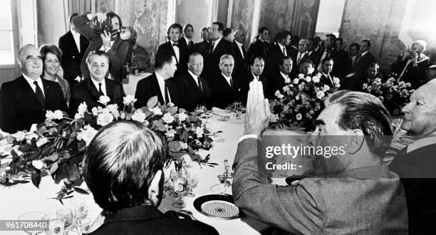 General Secretary of the Communist Party of the Soviet Union Leonid Brezhnev talks to French president Georges Pompidou during the lunch, on June 26,...
