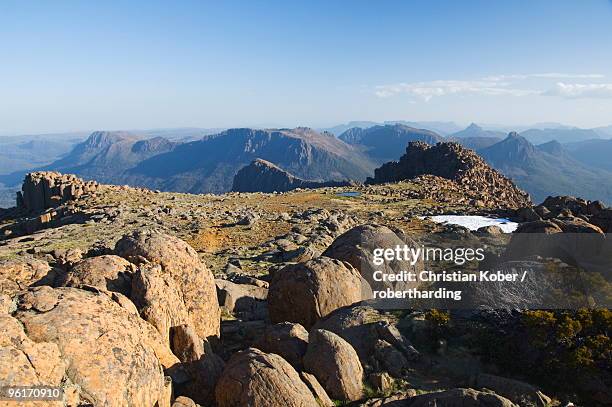 view from the top of mount ossa, 1617m, tasmania's highest mountain on the overland track, cradle mountain lake st. clair national park, part of tasmanian wilderness, unesco world heritage site, tasmania, australia, pacific - tasmanian wilderness stock pictures, royalty-free photos & images