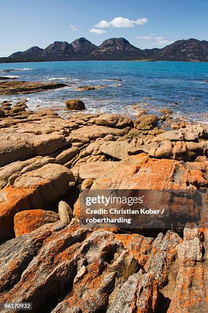 lichen covered red granite rocks at the hazards mountain range, coles bay, freycinet peninsula, freycinet national park, tasmania, australia, pacific - freycinet foto e immagini stock