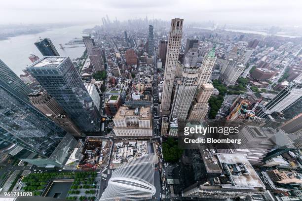 The Manhattan skyline is from windows on the 76th floor of the 3 World Trade Center building during a tour in New York, U.S., on Tuesday, May 22,...