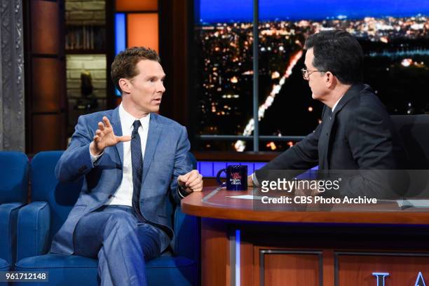 The Late Show with Stephen Colbert and guest Benedict Cumberbatch during Friday's May 18, 2018 show.