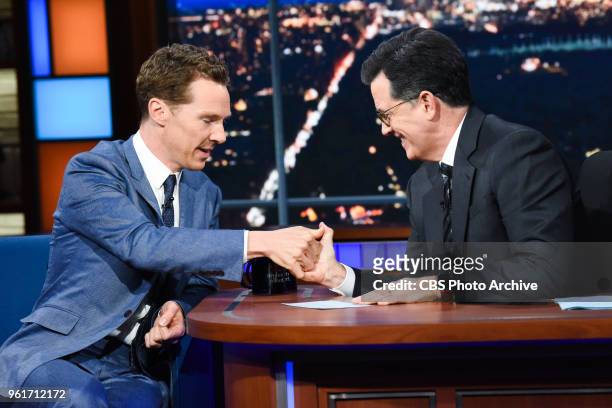 The Late Show with Stephen Colbert and guest Benedict Cumberbatch during Friday's May 18, 2018 show.