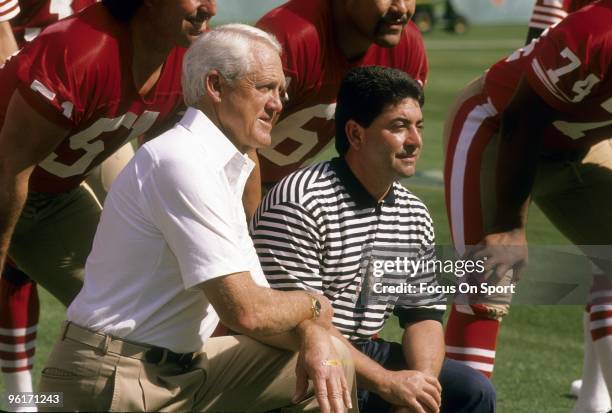 Owner Eddie DeBartolo Jr., and head coach Bill Walsh of the San Francisco 49ers poses together for this photo before super bowl XXIII against the...