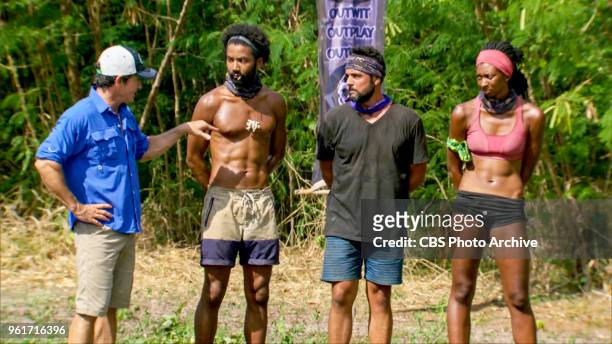 "Always Be Moving" - Jeff Probst, Wendell Holland, Domenick Abbate and Laurel Johnson on the thirteenth episode of Survivor: Ghost Island, airing...