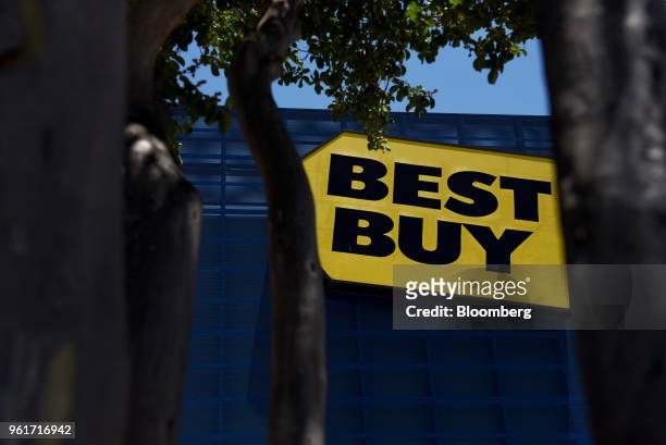 Best Buy Co. Signage is displayed outside a store in San Antonio, Texas, U.S., on Thursday, May 17, 2018. Best Buy Co. Is scheduled to release...