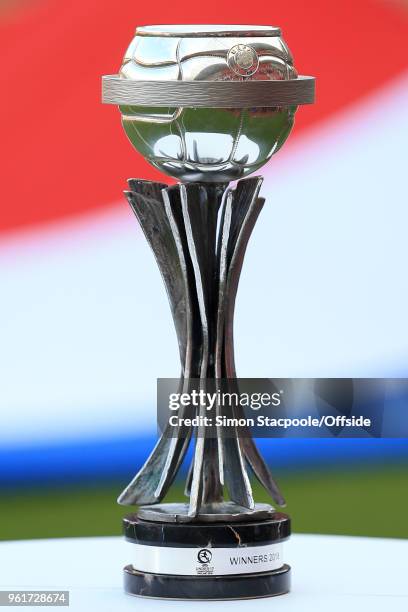 General view of the trophy in front of a Dutch flag ahead of the UEFA European Under-17 Championship Final match between Italy and Netherlands at the...