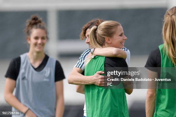 Rita Guarino and Tuija Hyyrynen during the Juventus Women training session on May 23, 2018 in Turin, Italy.