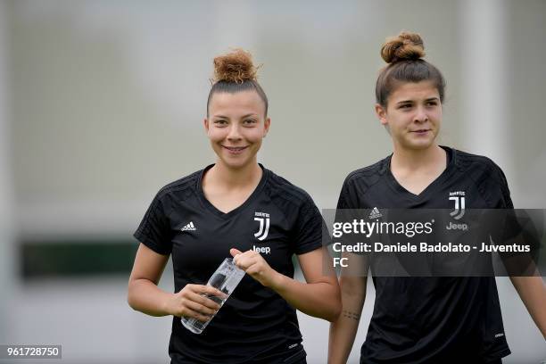 Arianna Caruso and Sofia Cantore during the Juventus Women training session on May 23, 2018 in Turin, Italy.