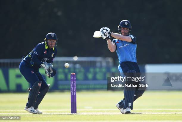 Luis Reece of Derbyshire plays the pull shot during the Royal London One-Day Cup match between Derbyshire and Durham at The 3aaa County Ground on May...