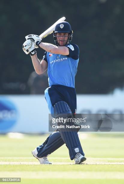 Luis Reece of Derbyshire plays the pull shot during the Royal London One-Day Cup match between Derbyshire and Durham at The 3aaa County Ground on May...