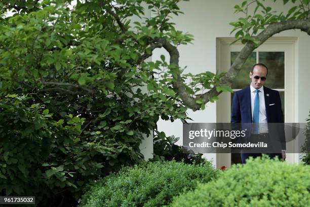 White House Senior Advisor to the President Stephen Miller waits outside the Oval Office for U.S. President Donald Trump to depart the White House...