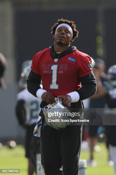 Cam Newton takes a break between drills during the OTA of the Carolina Panthers at the training facilities in Charlotte, N.C. On Tuesday May 2018.