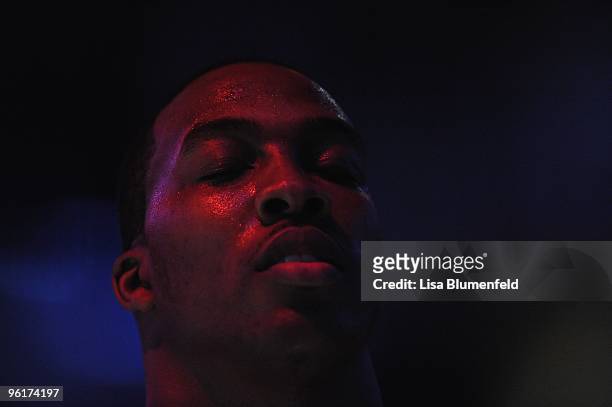 Dwight Howard of the Orlando Magic stands during the national anthem before the game against the Los Angeles Lakers at Staples Center on January 18,...