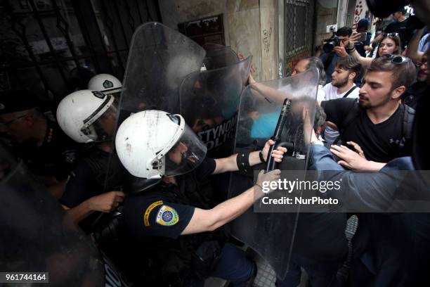 Demonstration against electronic property auctions in Athens, Greece on May 23, 2018. Protesters attempt to break into the notary office and prevent...