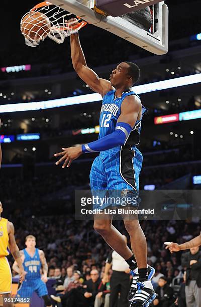 Dwight Howard of the Orlando Magic slam dunks during the game against the Los Angeles Lakers at Staples Center on January 18, 2010 in Los Angeles,...