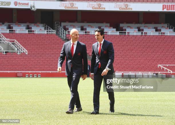 Arsenal new Head Coach Unai Emery with CEO Ivan Gazidis at Emirates Stadium on May 23, 2018 in London, England.