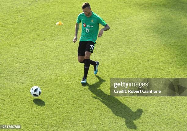 Nikita Rukavytsya of Australia kicks the ball during the Australian Socceroos training session at the Gloria Football Club on May 23, 2018 in...