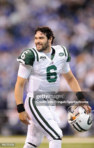 Mark Sanchez of the New York Jets looks on against the Indianapolis Colts during the AFC Championship Game at Lucas Oil Stadium on January 24, 2010...