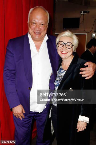 Eric-Emmanuel Schmitt and Sophie Forte attend "Voyage en Ascenseur" Theater Play at Theatre Rive-Gauche on May 18, 2018 in Paris, France.