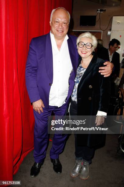 Eric-Emmanuel Schmitt and Sophie Forte attend "Voyage en Ascenseur" Theater Play at Theatre Rive-Gauche on May 18, 2018 in Paris, France.