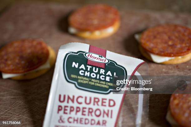 Package of Hormel Foods Corp. Natural Choice brand meat, cheese and crackers is arranged for a photograph in Tiskilwa, Illinois, U.S., on Thursday,...