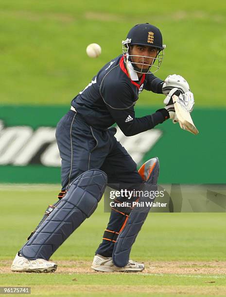 Ateeq Javid of England bats during the ICC U19 Cricket World Cup Super League play off final match between England and New Zealand at QEII Park on...