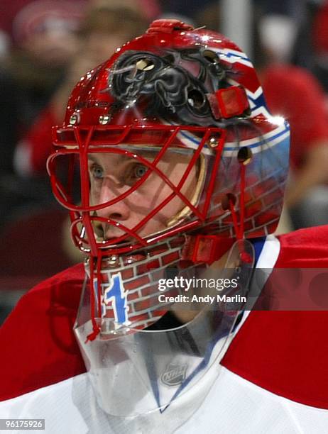 Jaroslav Halak of the Montreal Canadiens looks on against the New Jersey Devils during the game at the Prudential Center on January 22, 2010 in...