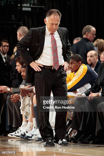 Head coach Jim O'Brien of the Indiana Pacers stands on the sideline during the game against the New Orleans Hornets on January 16, 2010 at Conseco...