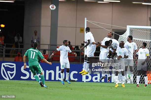 Peter Odemwingie of Nigeria kicks a free kick while Zambian players try to save it during the Africa Cup of Nations Quarter Final match between...