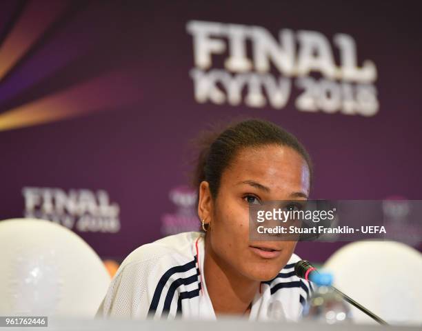 Wendie Renard of Lyon looks on during a press conference prior to the UEFA Womens Champions League Final between VfL Wolfsburg and Olympique Lyonnais...
