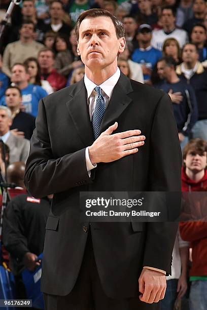 Head Coach Rick Carlisle of the Dallas Mavericks stands during the national anthem before the game against the Memphis Grizzlies on December 26, 2009...