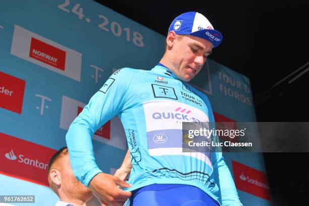 Podium / Fabio Jakobsen of The Netherlands and Team Quick-Step Floors / Blue leaders jersey Celebration / during the 11th Tour des Fjords 2018, Stage...