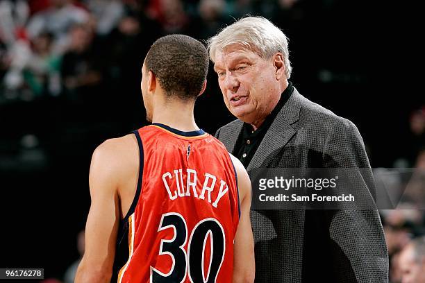 Stephen Curry listens to head coach Don Nelson of the Golden State Warriors during the game against the Portland Trail Blazers on January 2, 2010 at...