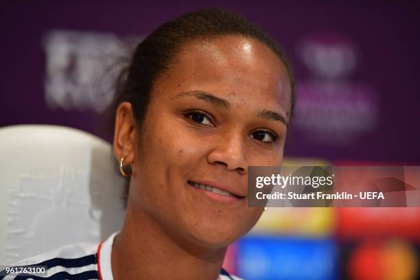 Wendie Renard of Lyon looks on during a press conference prior to the UEFA Womens Champions League Final between VfL Wolfsburg and Olympique Lyonnais...