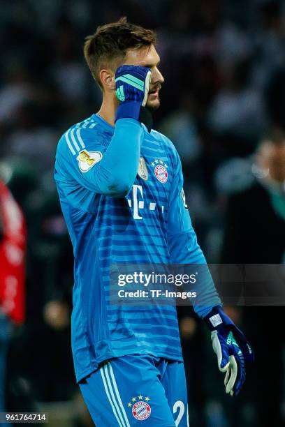 Goalkeeper Sven Ulreich of Muenchen looks dejected during the DFB Cup final between Bayern Muenchen and Eintracht Frankfurt at Olympiastadion on May...