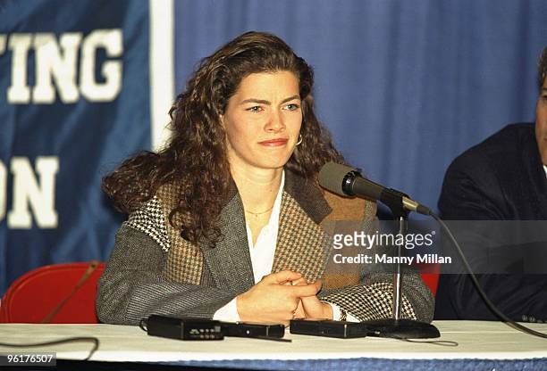 Nancy Kerrigan announcing during a press conference at the Joe Louis Arena. Kerrigan sustained injury after attack by an unknown assailant and...