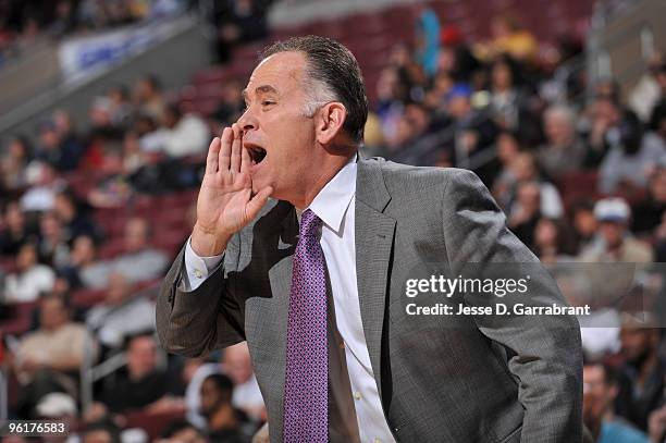 Jim O'Brien Head Coach of the Indiana Pacers instructs his team against the Philadelphia 76ers during the game on January 25, 2010 at the Wachovia...