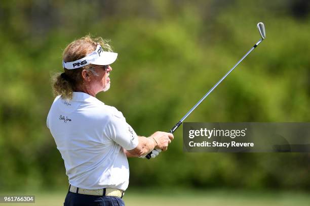 Miguel Angel Jimenez of Spain hits balls on the range during Preview Day 3 of the Senior PGA Championship at Harbor Shores on May 23, 2018 in Benton...