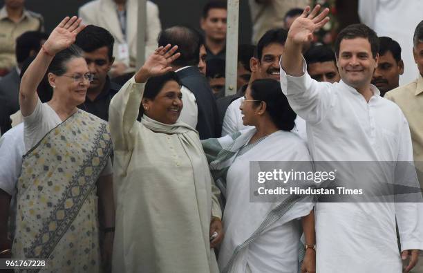 Chairperson Sonia Gandhi, BSP Chief Mayawati with West Bengal Chief Minister Mamata Banerjee and Congress President Rahul Gandhi during the HD...