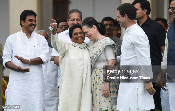 Chief Mayawati with UPA Chairperson Sonia Gandhi and Congress President Rahul Gandhi during the swearing-in ceremony of Kumarswamy as the 24th Chief...