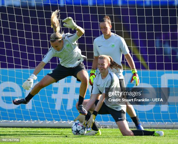 Jana Burmeister of Wolfsburg dives out of the way during a training session of Vfl Wolfsburg prior to the UEFA Womens Champions League Final between...