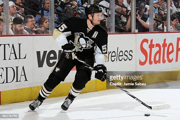Defenseman Sergei Gonchar of the Pittsburgh Penguins skates with the puck against the Washington Capitals on January 21, 2010 at Mellon Arena in...