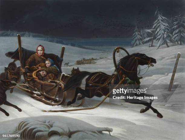 Sleigh of a Russian family pursued by wolves, 1830s. Found in the Collection of State Open-air Museum Spasskoye-Lutovinovo.