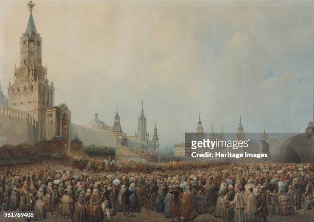 The triumphal entry of the Coronation Procession into Kremlin on August 17 1856. Found in the Collection of State Museum of the History of Saint...