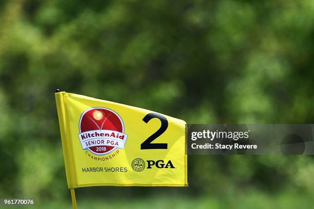 Detailed view of the flag pin on the second hole during Preview Day 3 of the Senior PGA Championship at Harbor Shores on May 23, 2018 in Benton...