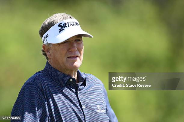 Peter Jacobsen waits on the driving range during Preview Day 3 of the Senior PGA Championship at Harbor Shores on May 23, 2018 in Benton Harbor,...