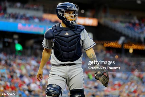 Raffy Lopez of the San Diego Padres looks on during a game against the Washington Nationals at Nationals Park on Tuesday, May 22, 2018 in Washington,...