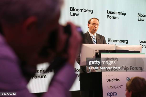 Deputy Attorney General Rod Rosenstein speaks at the Bloomberg Law Leadership Forum on May 23, 2018 in New York City. In a controversial move last...