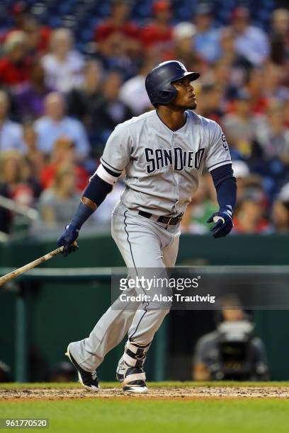 Franchy Cordero of the San Diego Padres hits a solo home run during a game against the Washington Nationals at Nationals Park on Tuesday, May 22,...